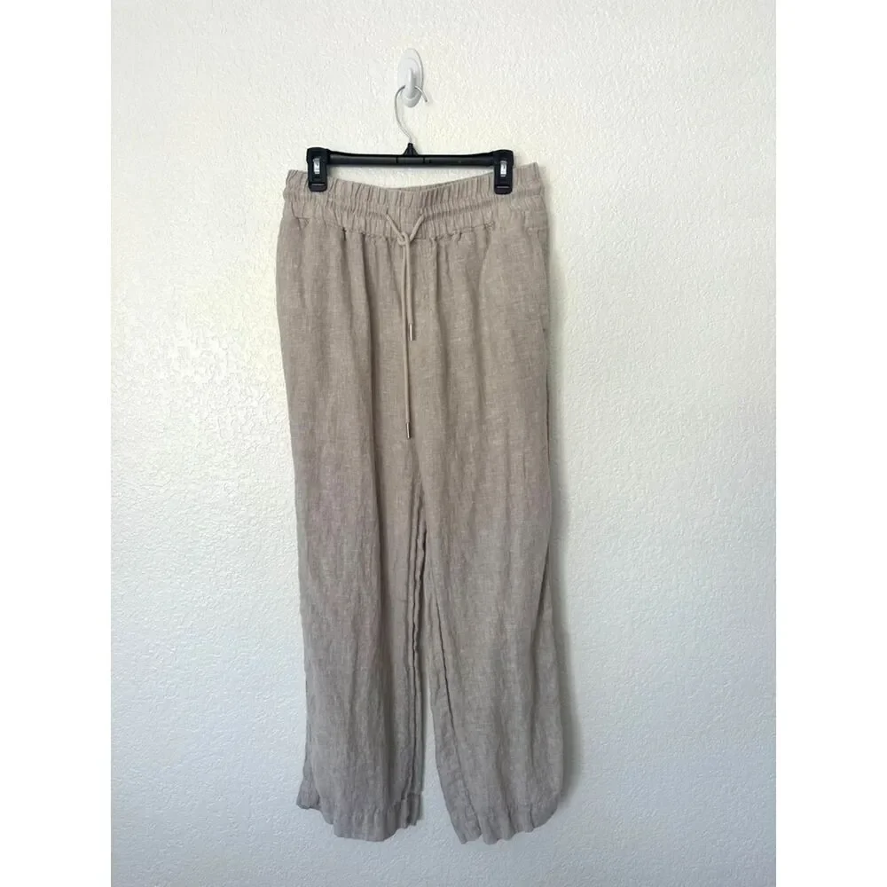 Quince Linen Wide Leg Pull On Tan Pants Size Medium